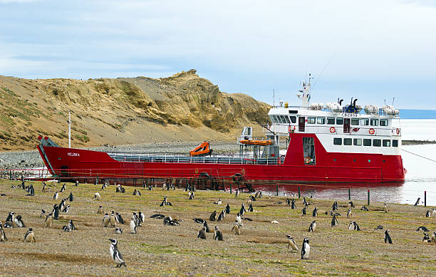 Magdalena island, Chile - January 8, 2014: Melinka ferry anchored at the coast of Magdalena island. Ferry is only way for tourists to reach The Penguins Natural Monument, Magellan Strait.