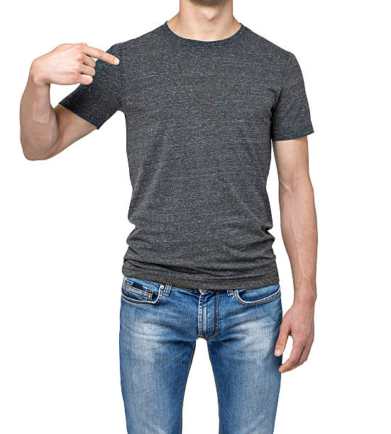 istock man pointing his finger on a blank grey t-shirt. Isolated. 480500026