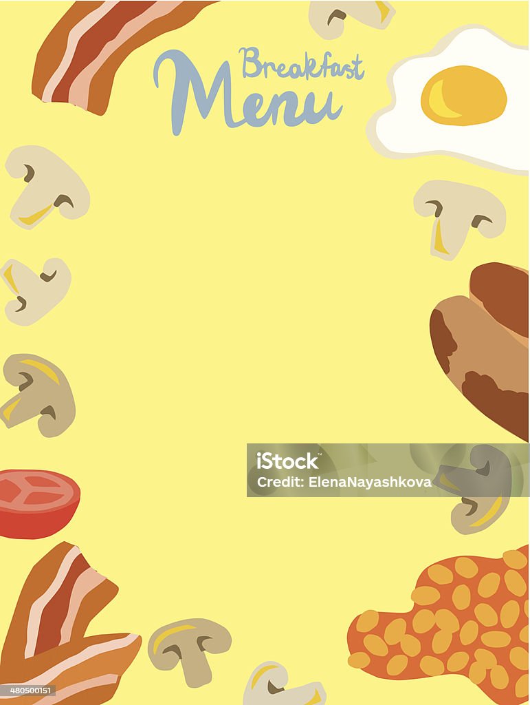 Breakfast Menu Template Breakfast Menu Template with Fried Egg, Sausages, Baked Beans, Mushrooms, Tomato and Fried Bacon Bacon stock vector