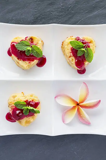 Cottage-cheese Baked Pudding in heart shape with frangipani flower