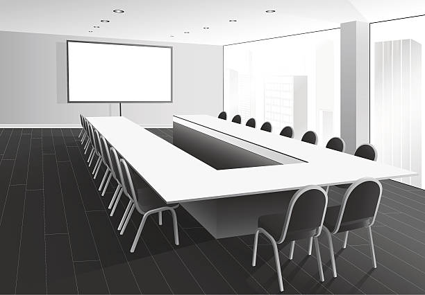 Boardroom Vector illustration of boardroom with table and chairs, white screen and window with city view conference table stock illustrations
