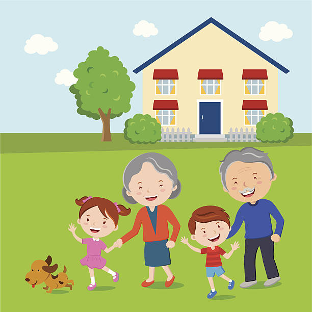 Elderly couple taking a walk A cheerful grandparents with their grandchildren taking a walk with the pet dog. paved yard stock illustrations