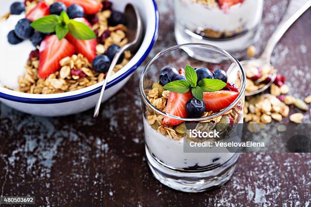 Breakfast Parfait With Homemade Granola Stock Photo - Download Image Now - Blueberry, Parfait, Strawberry