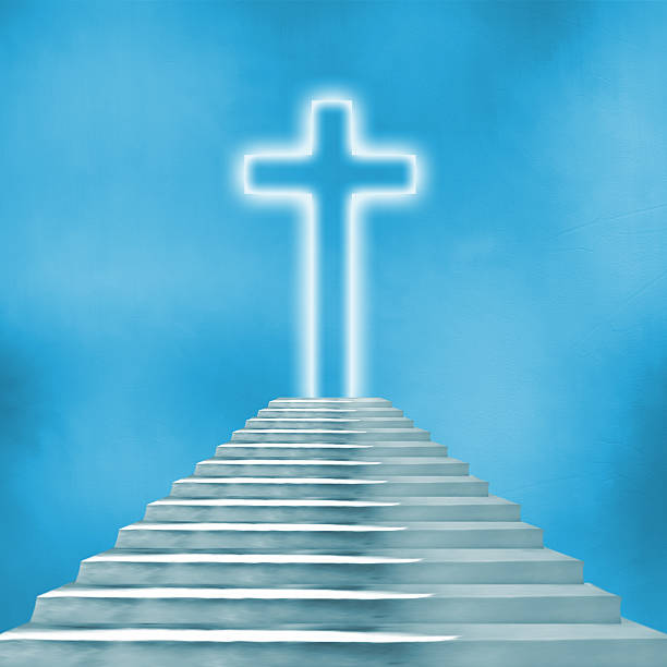 istock Glowing holy cross and staircase leading to heaven or hell 480504368