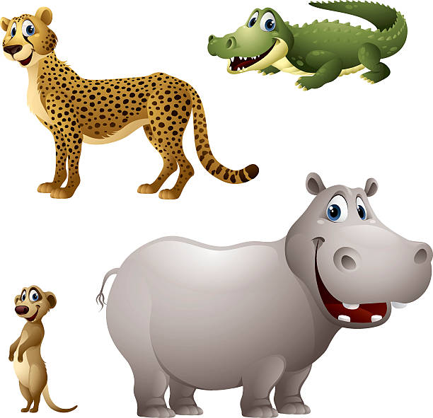 мультяшный африканских животных набор-синие гепардовые пятна, типа "" крокодил "", бегемот, миркат - hippopotamus stock illustrations