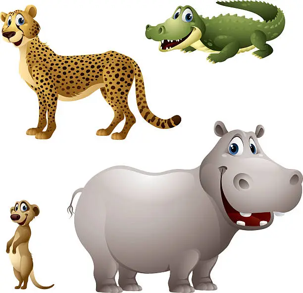 Vector illustration of Cartoon africa animal set - cheetah, alligator, meerkat, hippopotamus