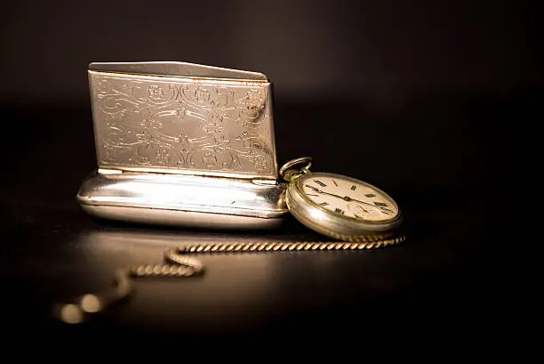 Photo of vintage clock and cigarette case