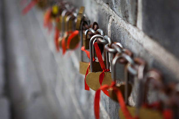 locked padlock symbol of forever togetherness on the great wall near beijing.
