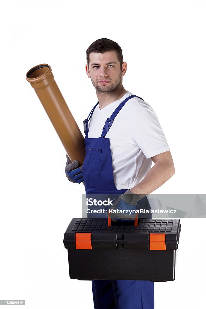 Homem com caixa de ferramentas e Sarjeta - Foto de stock de Adulto royalty-free
