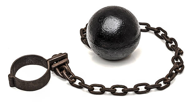 Ball and chain on white background Ball and chain on white backgroundBall and chain on white backgroundBall and chain on white background dungeon medieval prison prison cell stock pictures, royalty-free photos & images
