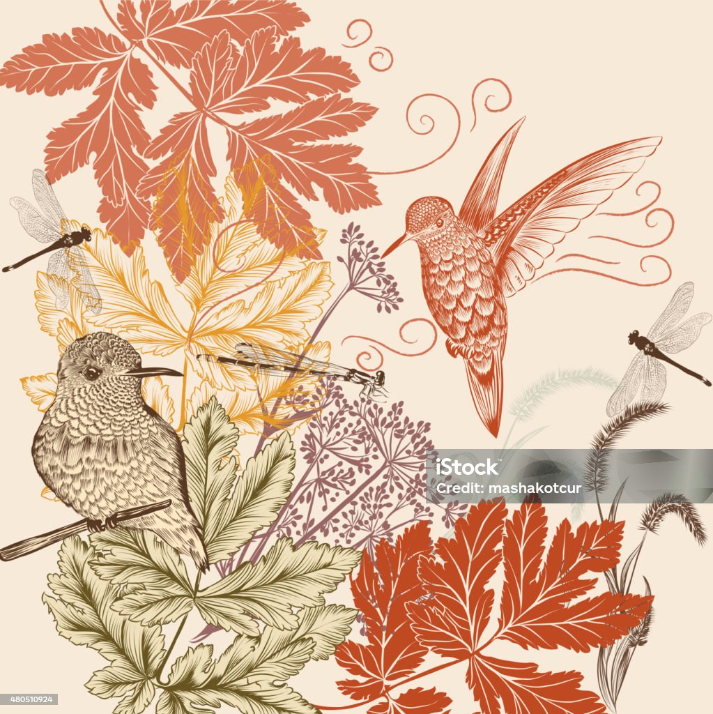 Floral pattern in vintage style with birds, dragonfly and foliag Hand drawn background with birds for design Hummingbird stock vector