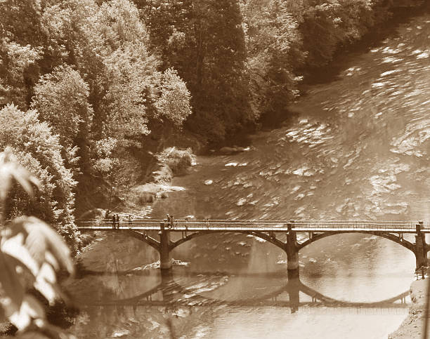 Wooden memorial bridge in sepia colour in Pai, Thailand