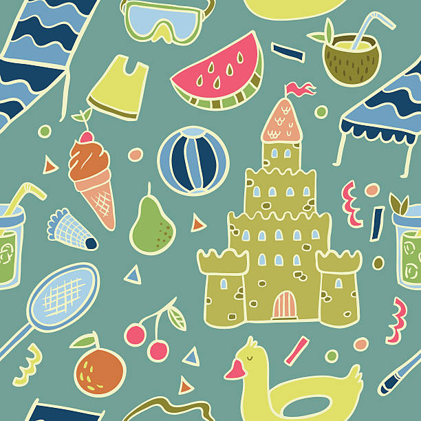 ilustrações de stock, clip art, desenhos animados e ícones de verão praia férias vector sem costura padrão - beach tropical climate palm tree deck chair