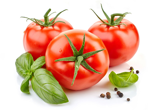 fresh tomatoes and basil leaf isolated on white background