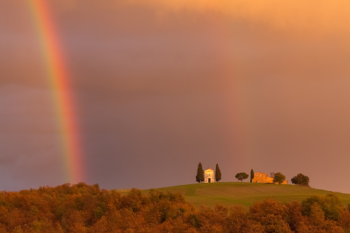 Church  Val d’Orcia, Italy, Tuscany, rainbow