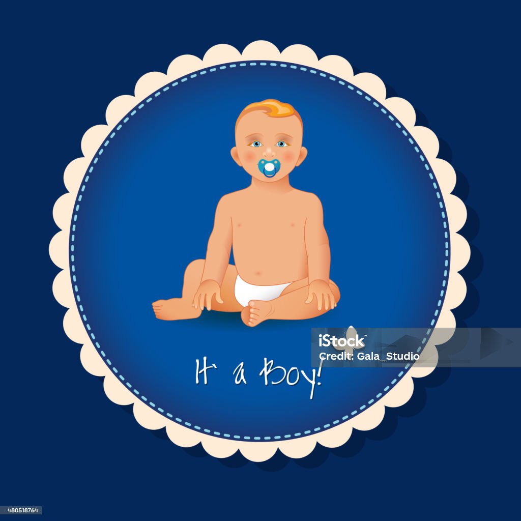 it's a boy card or background. it's a boy card or background.  Sweet little boy sitting and smiling with soother. Realistic image. 2015 stock vector