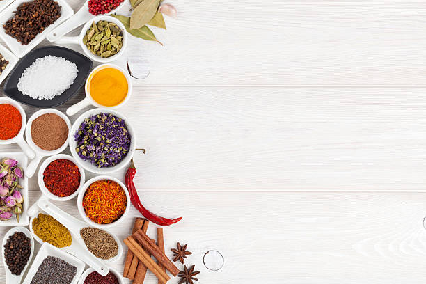 istock Various spices on white wooden background 480518848