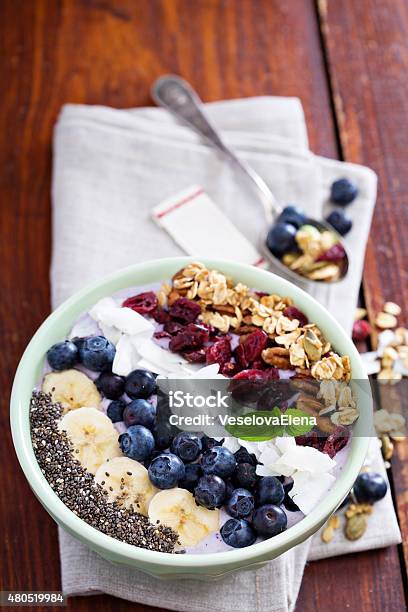 Breakfast Smoothie Bowl With Fruits Stock Photo - Download Image Now - 2015, Banana, Berry