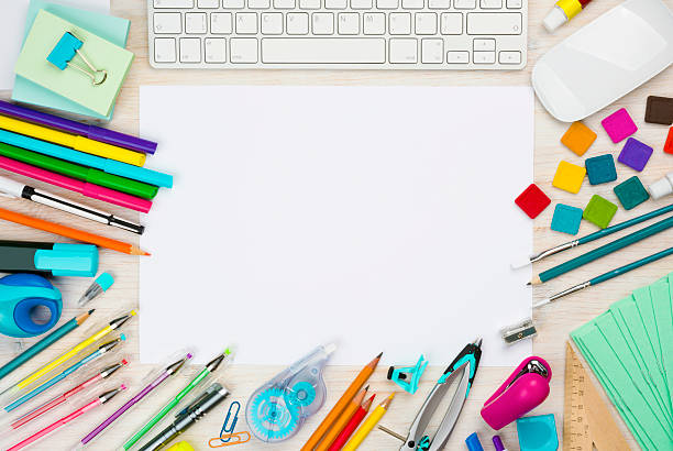 istock Various school supplies background with white sheet in the middle 480520506