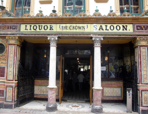 Belfast, Northern Ireland, United Kingdom - July 22, 2009: Crown Liquor Saloon. The Crown, with ornate interior and exterior, is the most famous bar in Belfast.