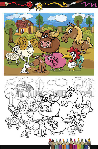 мультяшный сельскохозяйственных животных на книга-раскраска - horse goat child humor stock illustrations