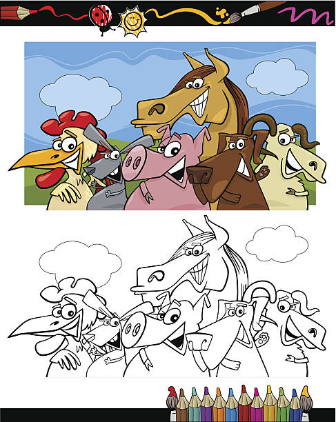 ilustraciones, imágenes clip art, dibujos animados e iconos de stock de animales de granja dibujos animados libro para colorear - horse goat child humor