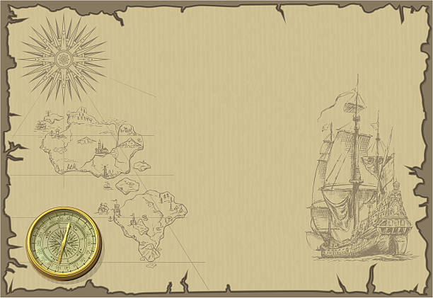 bildbanksillustrationer, clip art samt tecknat material och ikoner med old map wallpaper with ship and islands - gold wire