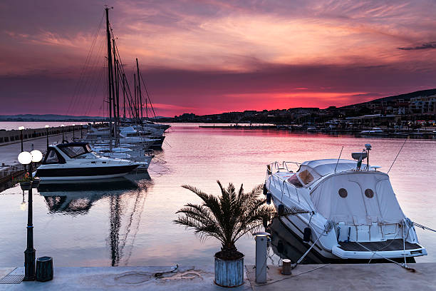 Luxury yacht on the marina at sunset