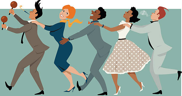 ilustraciones, imágenes clip art, dibujos animados e iconos de stock de conga línea en la década de 1960 - 1950s style 1960s style dancing image created 1960s