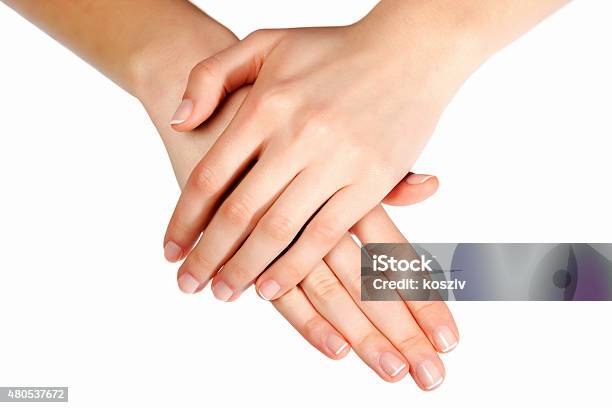 Woman Hand With France Manicure Stock Photo - Download Image Now - 2015, Adult, Beautiful People