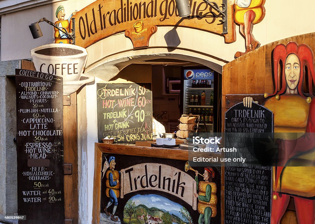 Trdelnik, a traditional sweet Czech pastry, Prague, Czech Republic, Europe Prague, Czech Republic - March 13, 2014: Traditional trdelnik shop, a traditional historic sweet Czech pastry, Prague, Czech Republic, Europe Baked Pastry Item Stock Photo