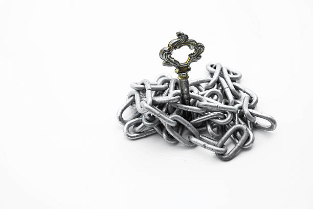 istock Old vintage key put in chains on white background 480542412