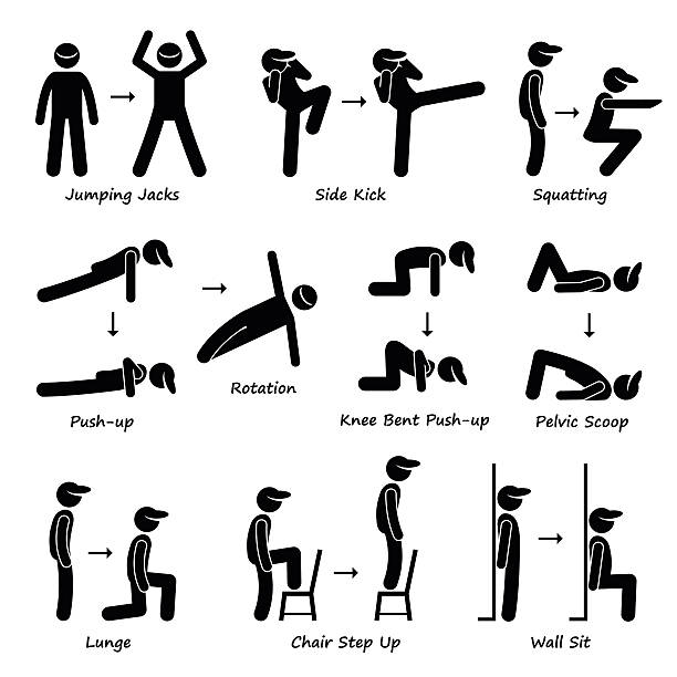 ilustraciones, imágenes clip art, dibujos animados e iconos de stock de ejercicios ejercicio fitness entrenamiento pictograma (grupo 1 - stretching exercising gym silhouette