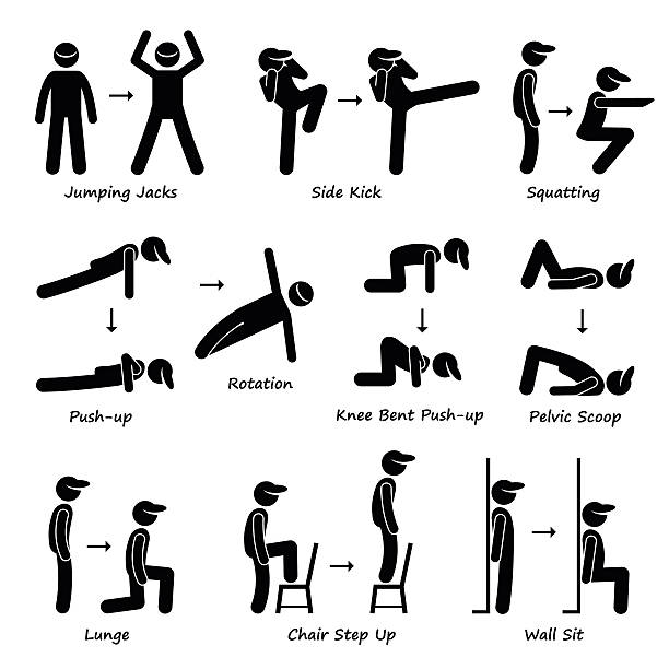 Body Workout Exercise Fitness Training (Set 1) Pictogram A set of human pictogram showing plank variation poses. They are jumping jacks, side kick, squatting, push-ups, push-ups rotation, knee bent push-ups, pelvic scoop, lunge, chair step up, and wall sit. gym clipart stock illustrations