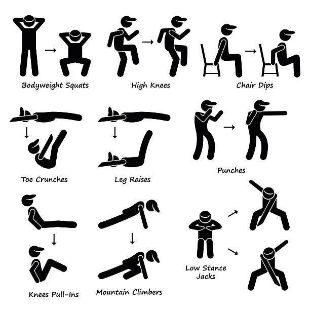 Body Workout Exercise Fitness Training (Set 2) Pictogram A set of human pictogram showing plank variation poses. They are bodyweight squats, high knees, chair dip, toe crunches, leg crunches, punches, knee pull-ins, mountain climbers, and low stance jack. standing had to knee pose stock illustrations