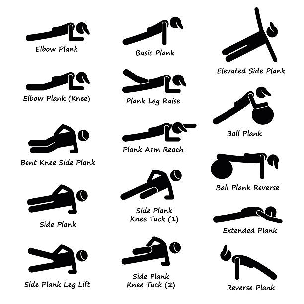 ilustraciones, imágenes clip art, dibujos animados e iconos de stock de tablón de capacitación variaciones ejercicio stick figura pictograma iconos - stretching exercising gym silhouette