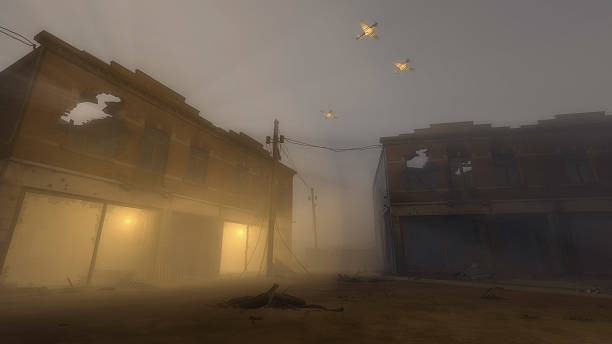 istock Military Planes Flying Over Buildings in War Zone 480547798