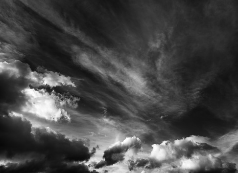 Black and white cloudscape background. Wide angle view