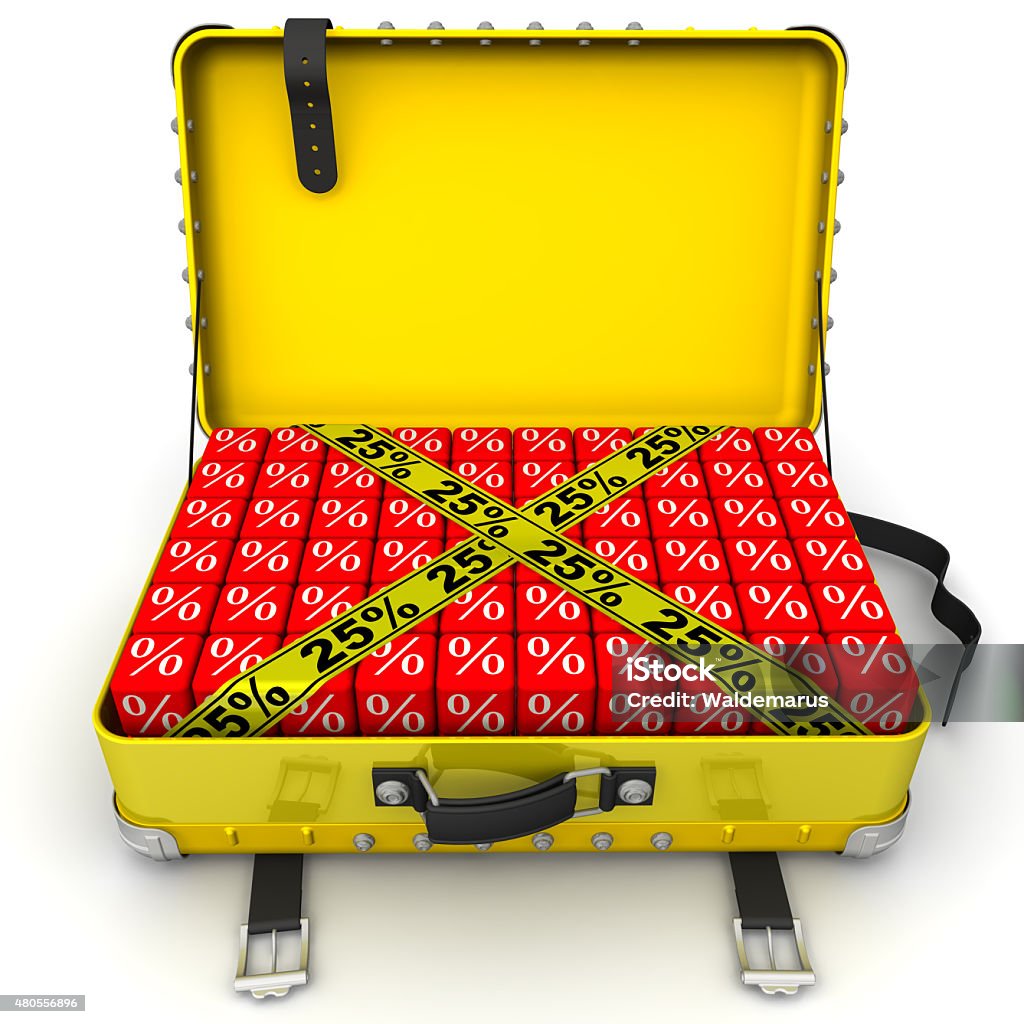 Suitcase filled with discount of 25%. Financial concept Open suitcase full of cubes with a percent sign and a yellow tape with the inscription "25 percent". Financial concept 2015 Stock Photo