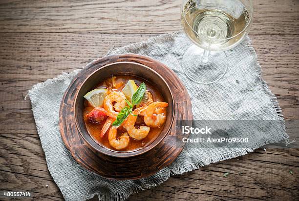 Spicy French Soup With Seafood Stock Photo - Download Image Now - 2015, Basil, Bowl