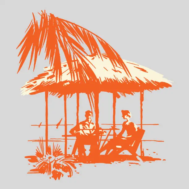Vector illustration of Man and Woman Sitting Under Hut