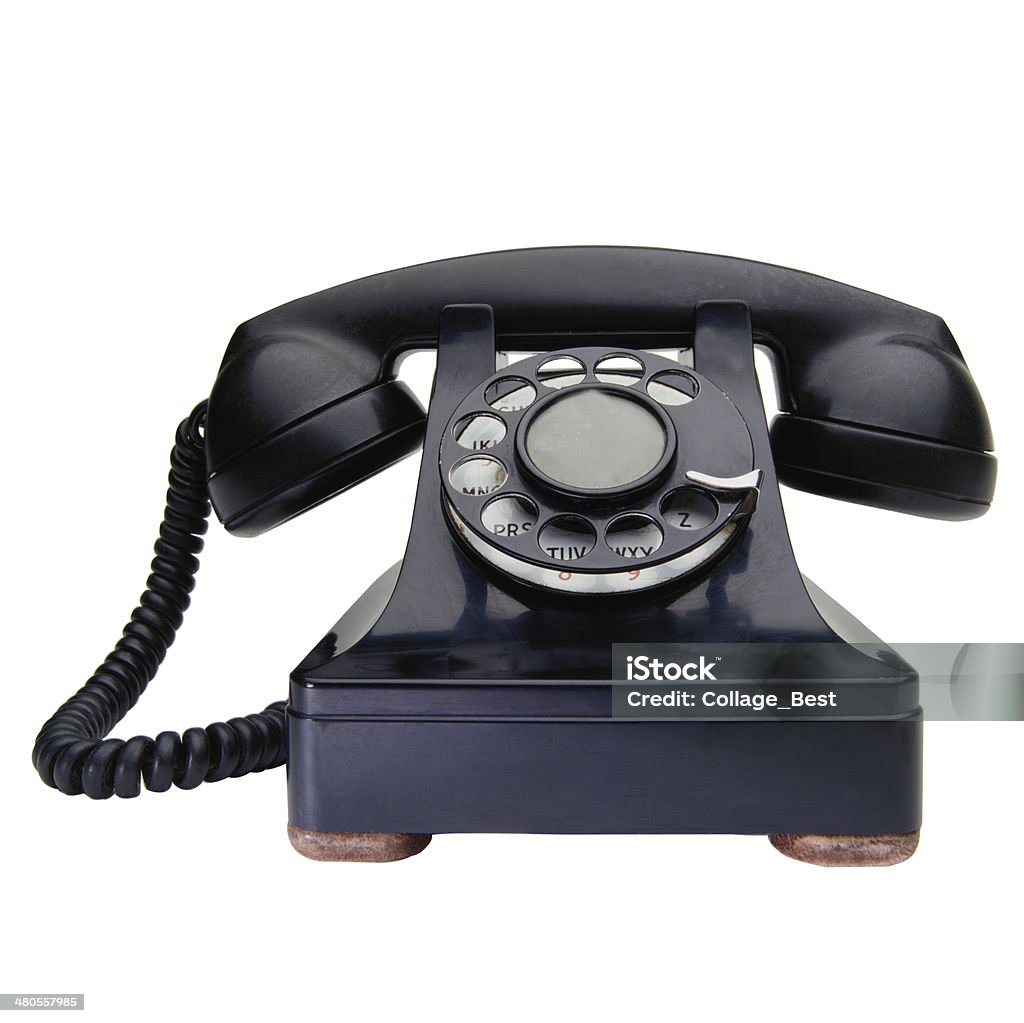 Old black phone with dust Old black phone with dust isolated on white Horizontal Stock Photo