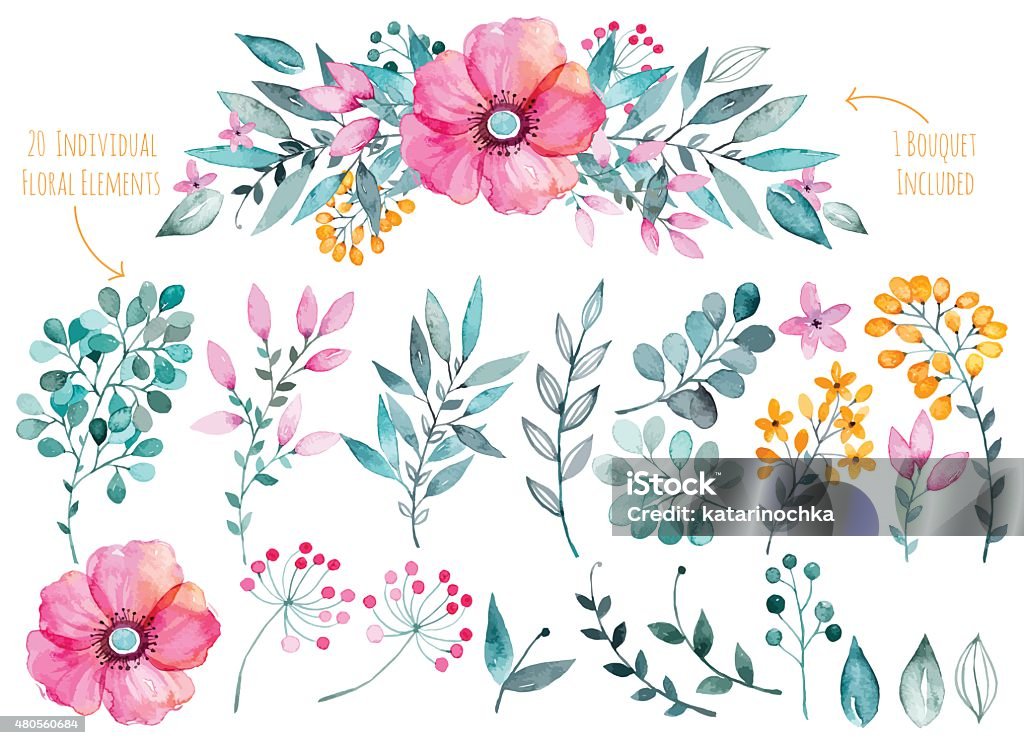 Violet collection coloré avec fleurs feuilles et des fleurs, dessin de l'aquarelle. - clipart vectoriel de Fleur - Flore libre de droits
