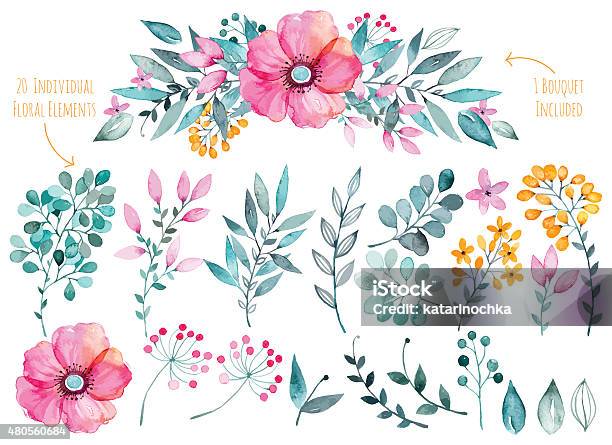 Colorful Purple Floral Collection With Leaves And Flowers Drawing Watercolor Stock Illustration - Download Image Now