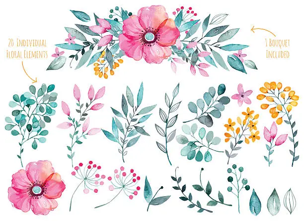 Vector illustration of Colorful purple floral collection with leaves and flowers,drawing watercolor.