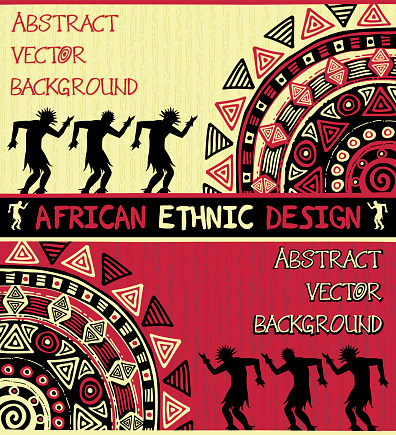 African ethnic  design with abstract geometric ornament and dancing people
