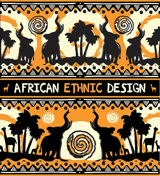 Vector illustration of African ethnic  design with elephants and palm trees