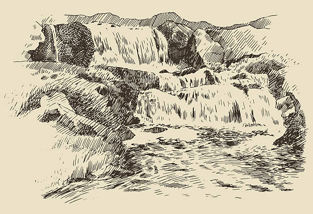 ilustraciones, imágenes clip art, dibujos animados e iconos de stock de cascada paisaje ilustración vintage grabado - mountain engraving drawing illustration and painting