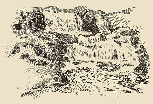 Waterfall landscape vintage engraving illustration Waterfalls landscape vintage engraving illustration of beautiful waterfalls hand drawn etching stock illustrations