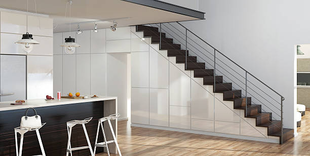 istock Modern interior living room with kitchen and stairs 480569258